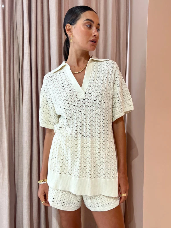 Shona Joy Mikala Polo Top In Coconut - Image 3